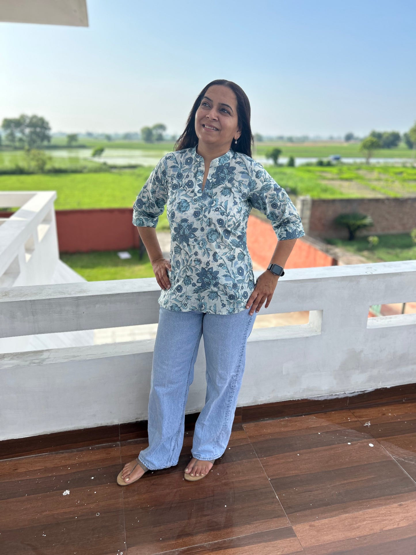 Grey Cotton Hand Block Short Kurti