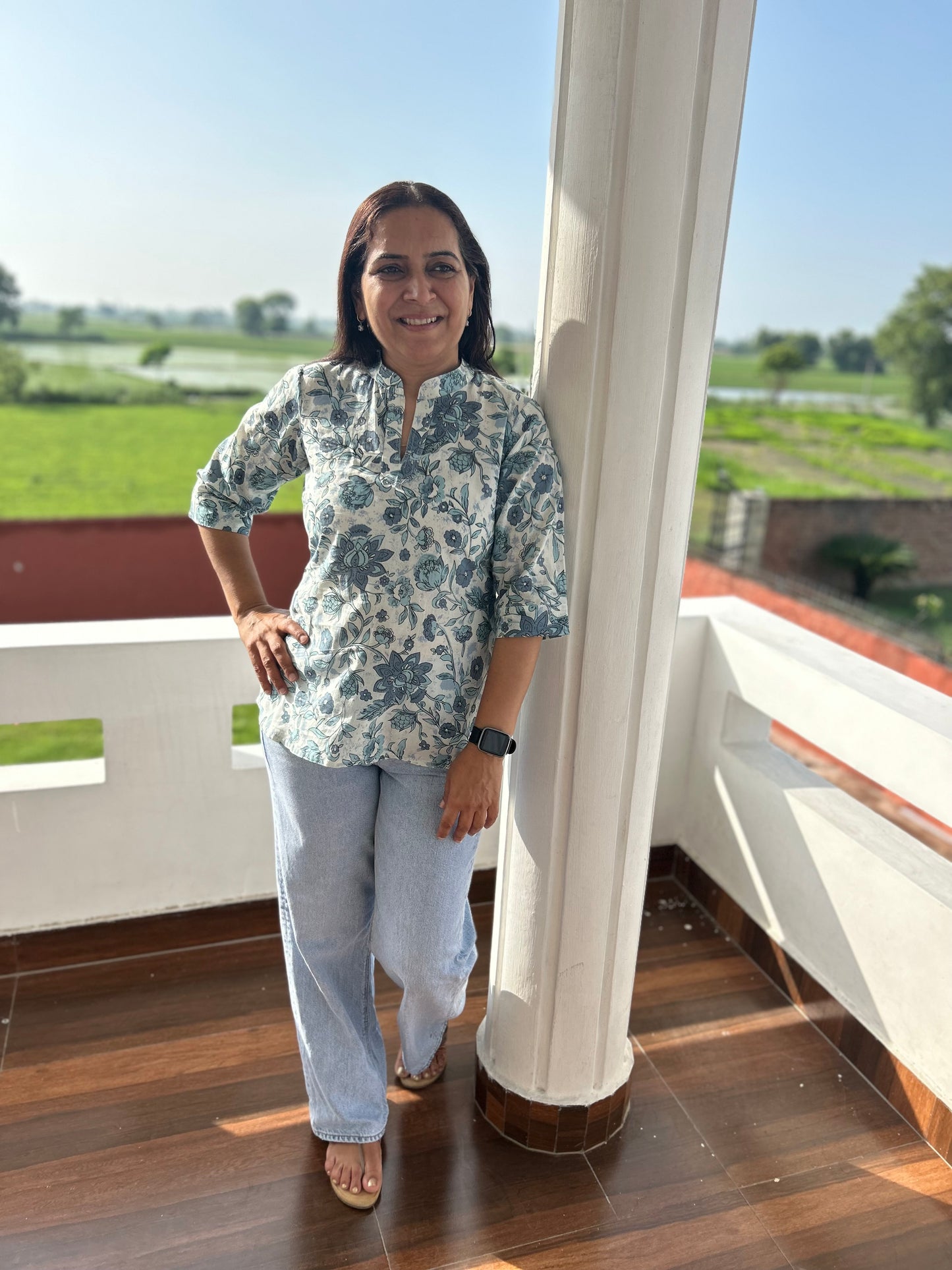 Grey Cotton Hand Block Short Kurti