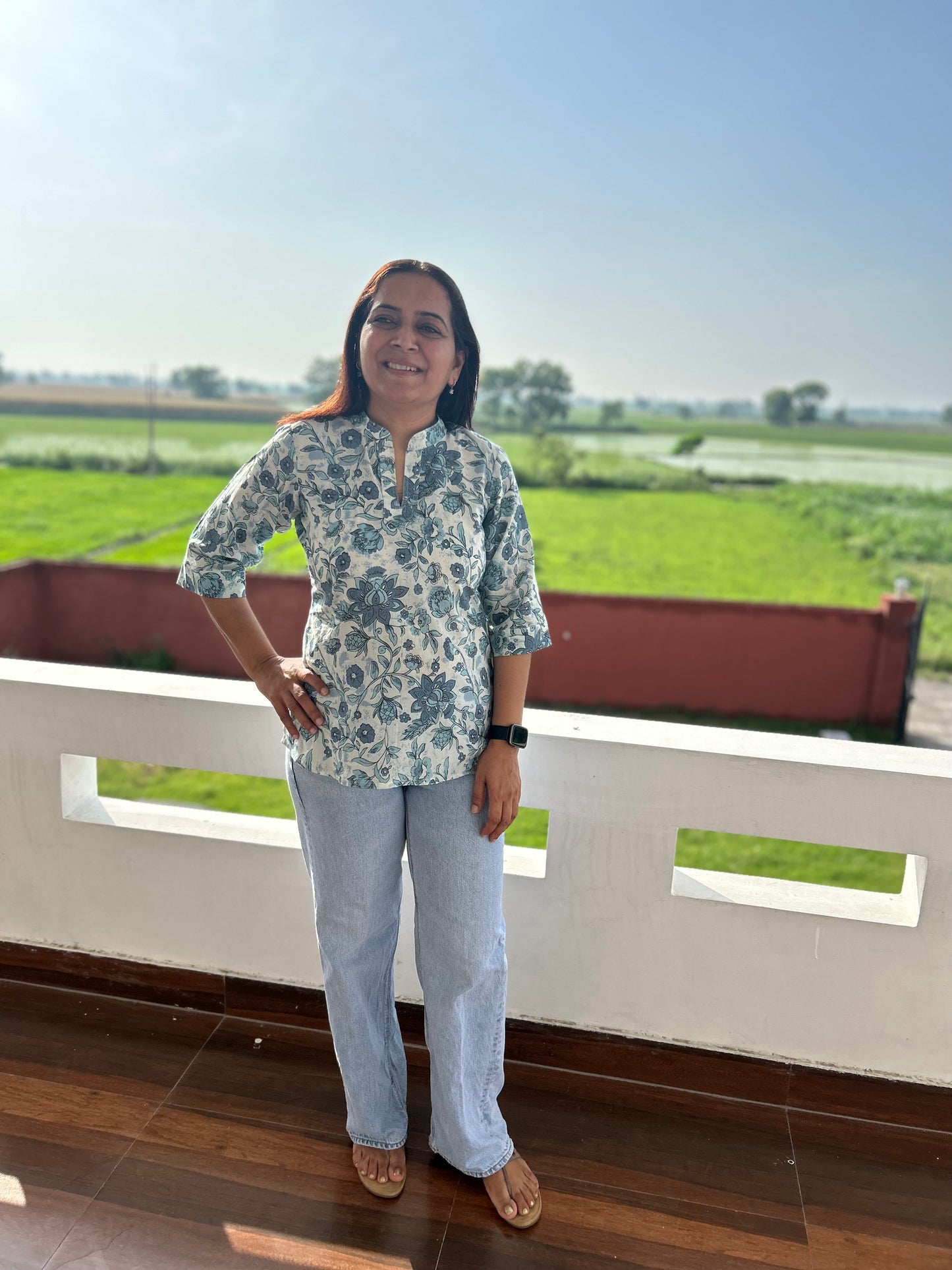 Grey Cotton Hand Block Short Kurti