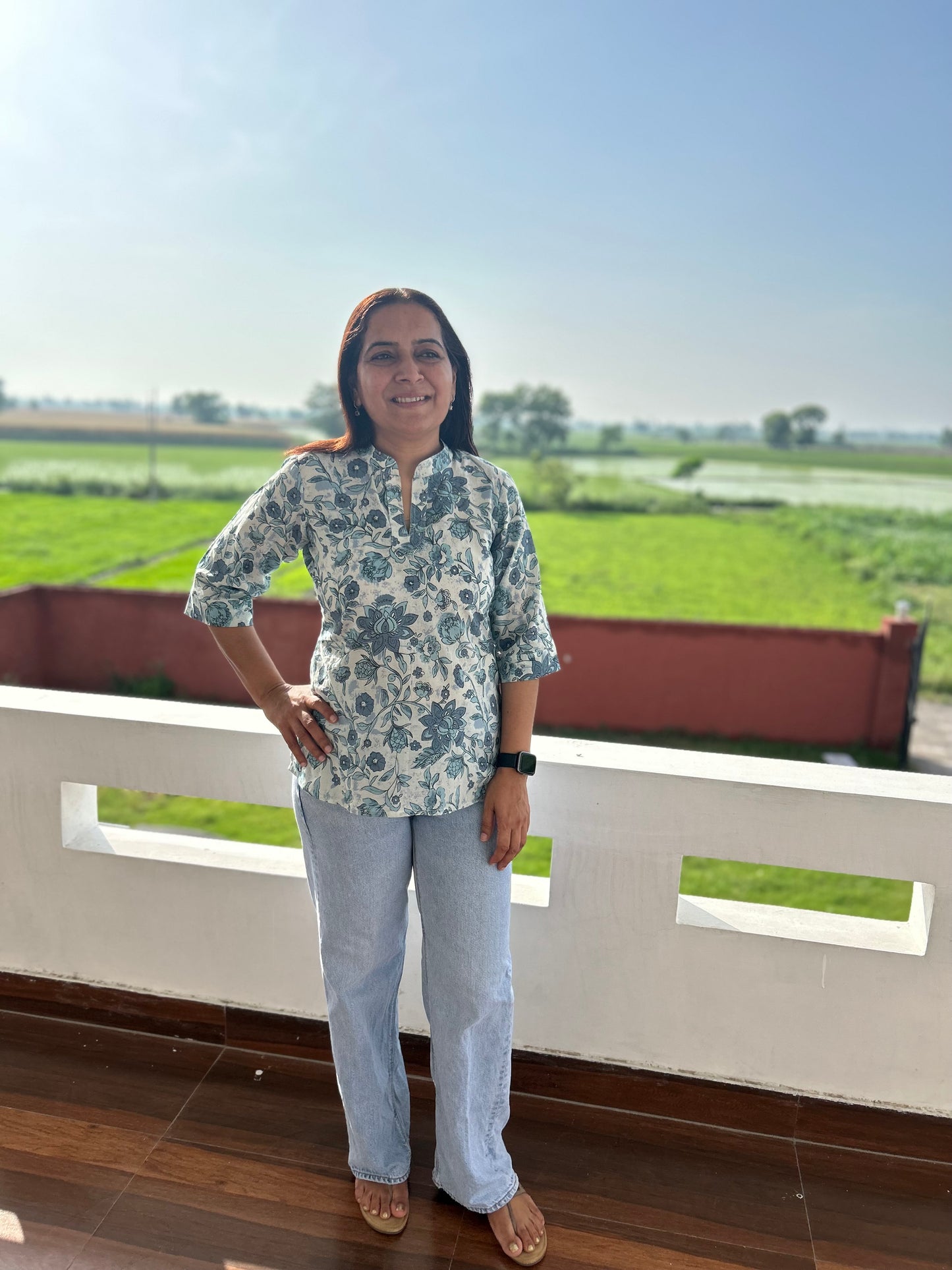 Grey Cotton Hand Block Short Kurti