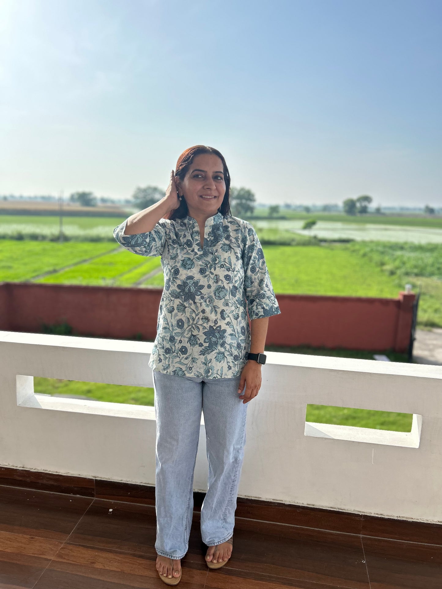 Grey Cotton Hand Block Short Kurti
