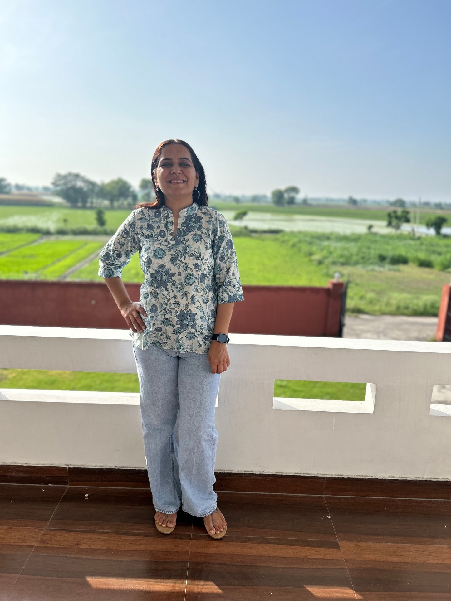 Grey Cotton Hand Block Short Kurti