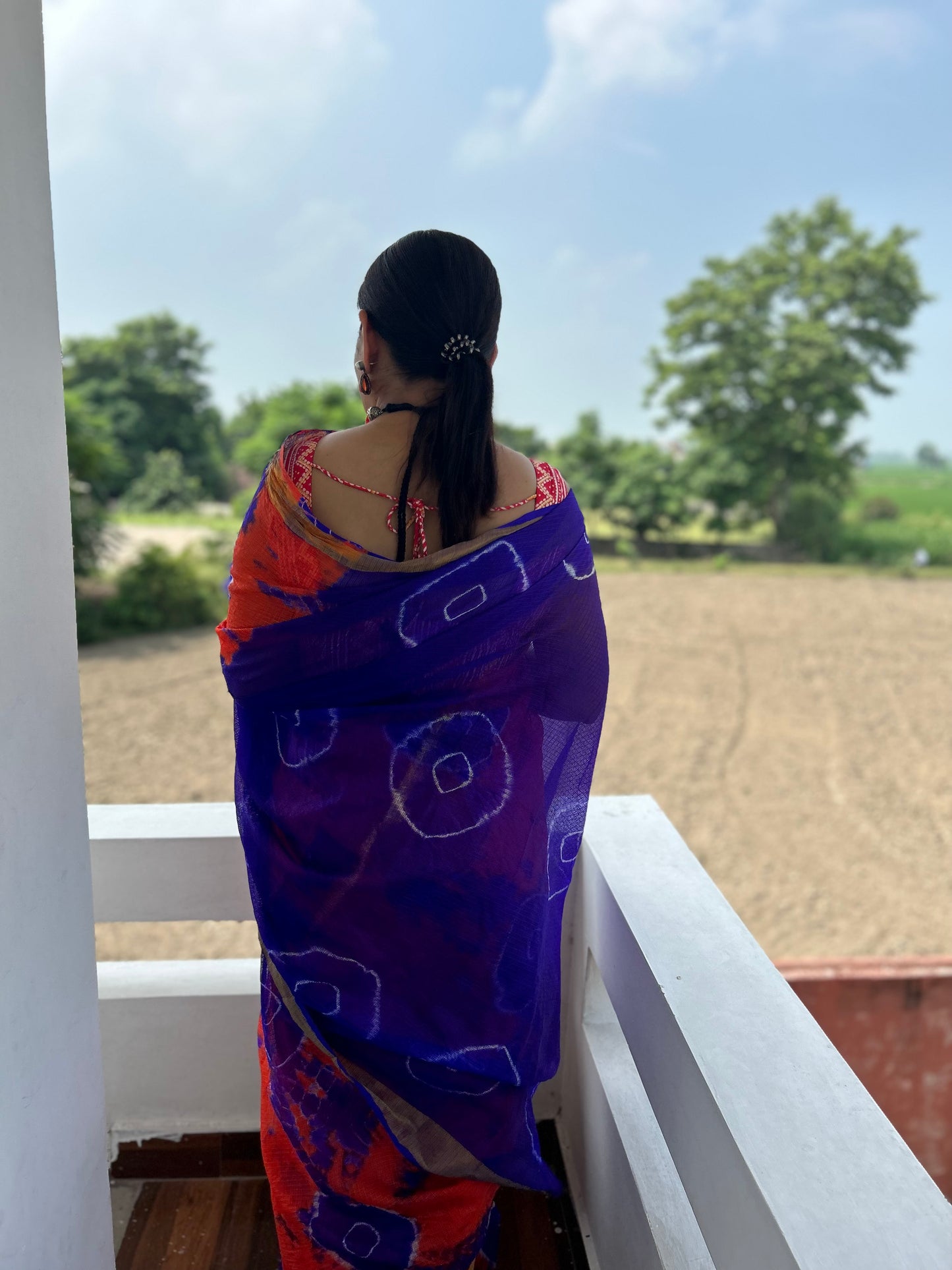 Orange Blue Shibori Kota Doria Sari