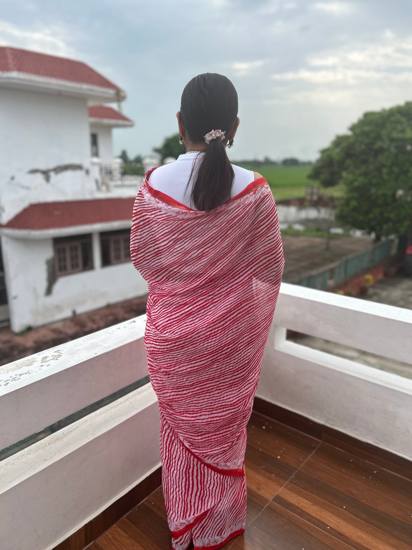 Red Georgette Lehriya Sari