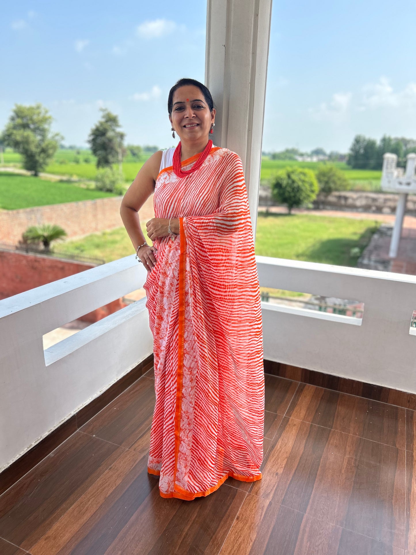 Orange Georgette Lehriya Sari