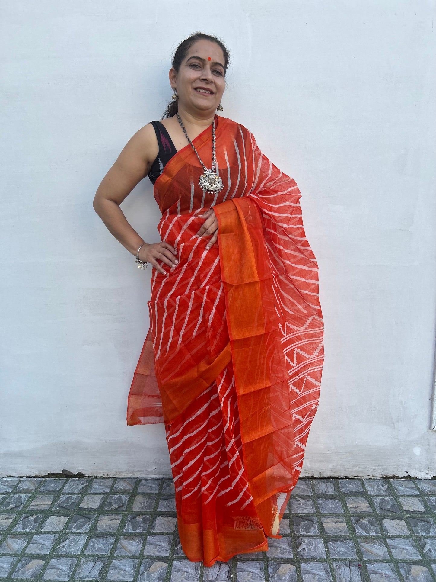 Red Chanderi Lehriya Sari