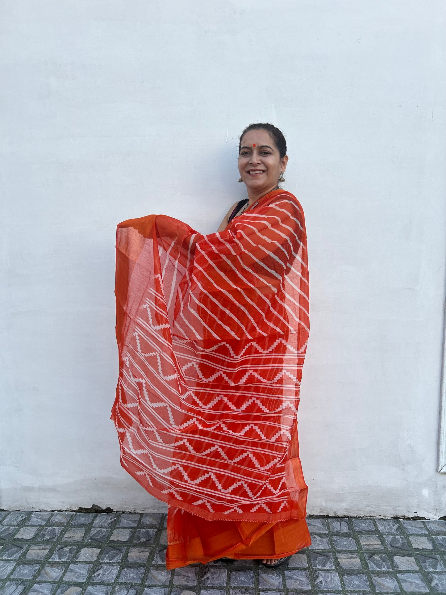 Red Chanderi Lehriya Sari