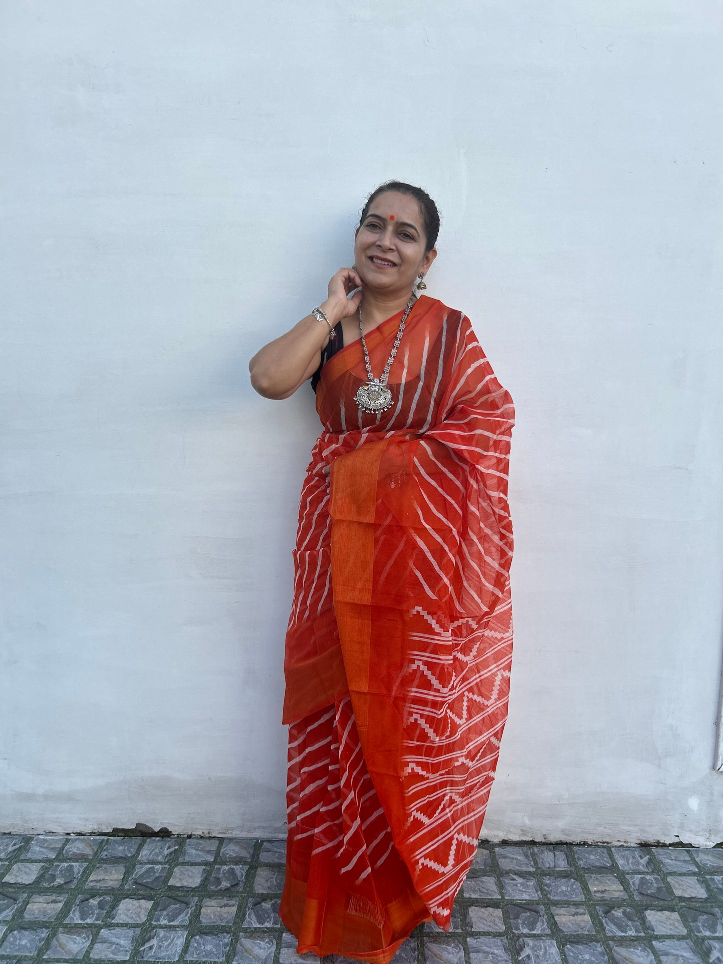 Red Chanderi Lehriya Sari
