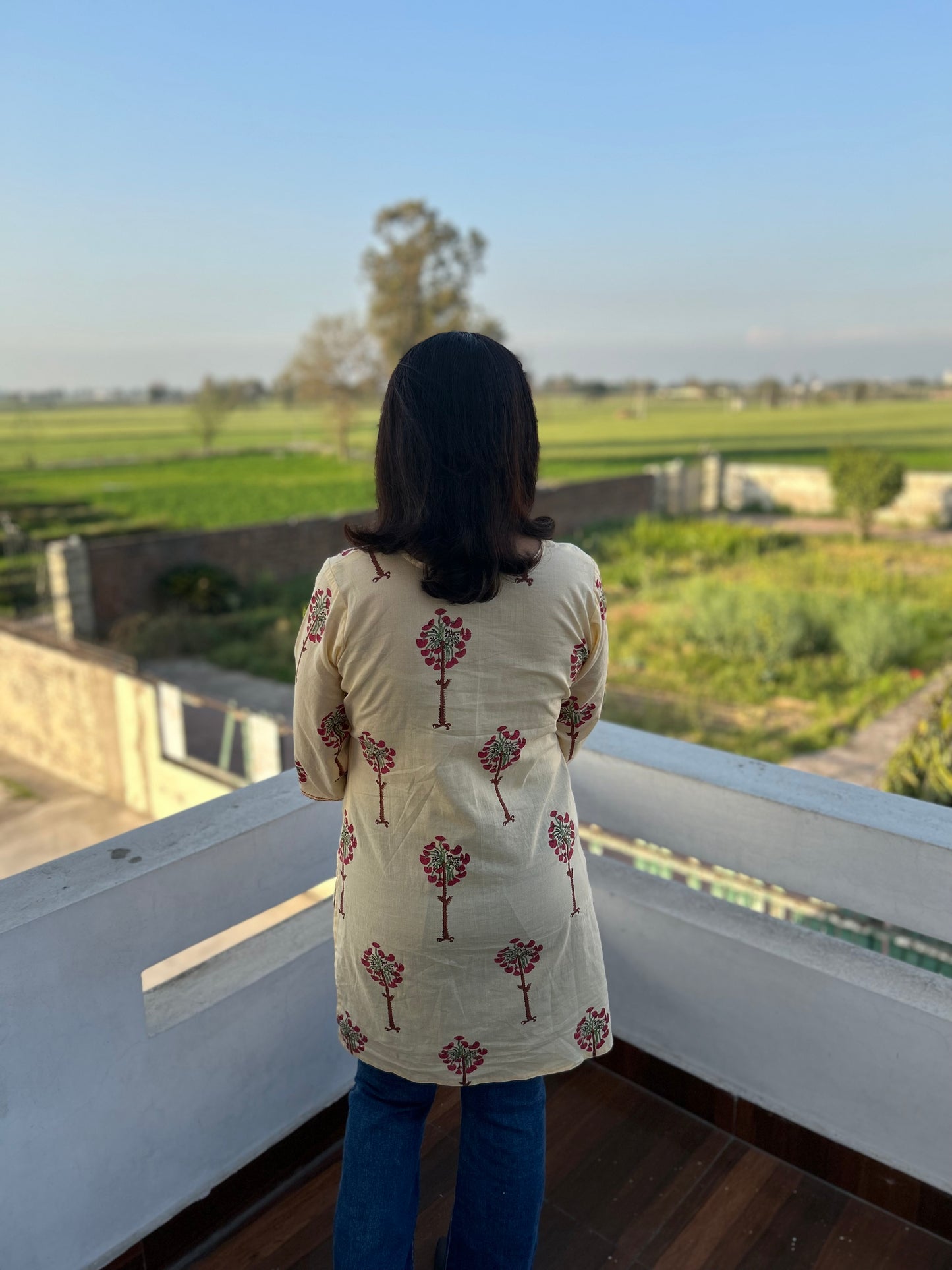 Cream Cotton Block Printed Kurti