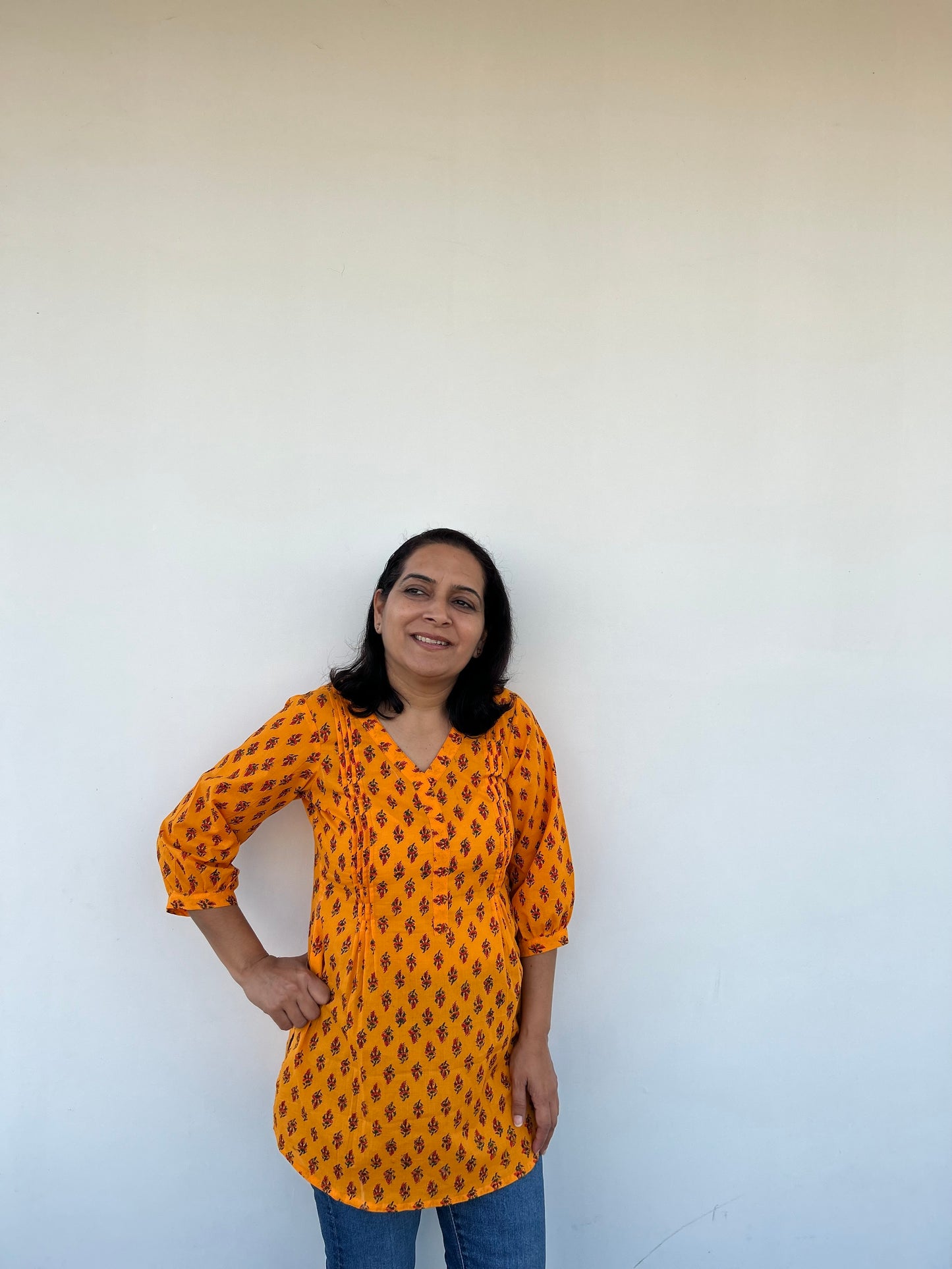 Orange Cotton Block Printed Kurti