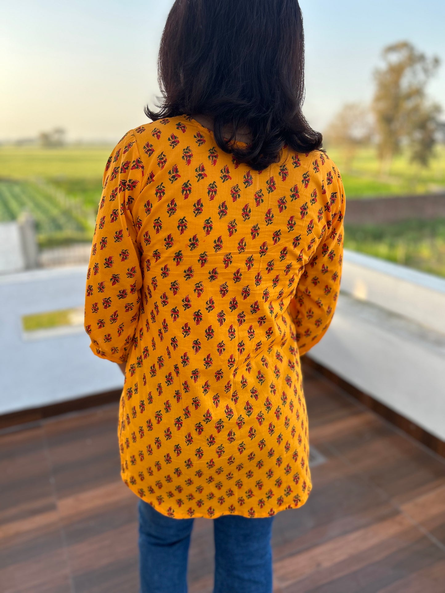 Orange Cotton Block Printed Kurti