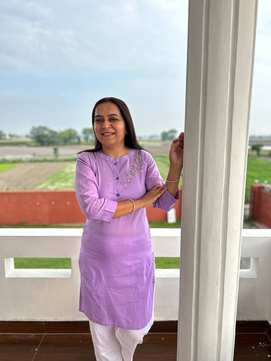 Purple Machine Embroidered Kurti