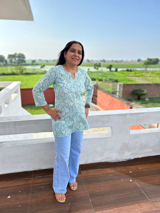 Sea Green Cotton Block Printed Short Kurti