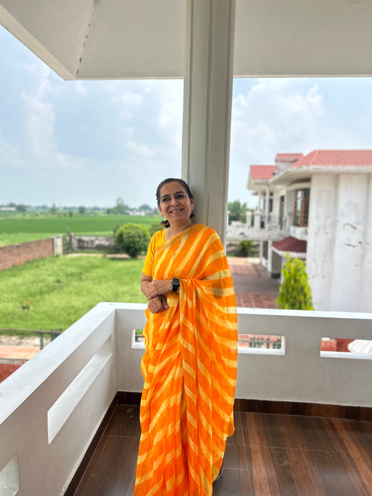 Orange Yellow Lehriya Kota Doria Sari