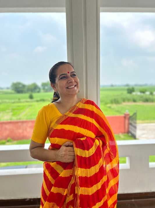 Orange Yellow Lehriya Kota Doria Sari
