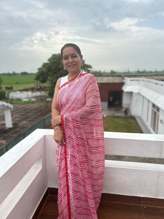 Red Georgette Lehriya Sari