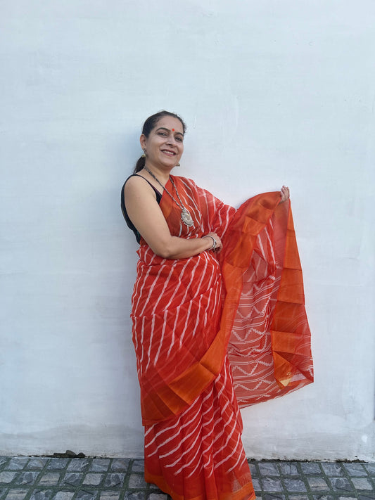 Red Chanderi Lehriya Sari