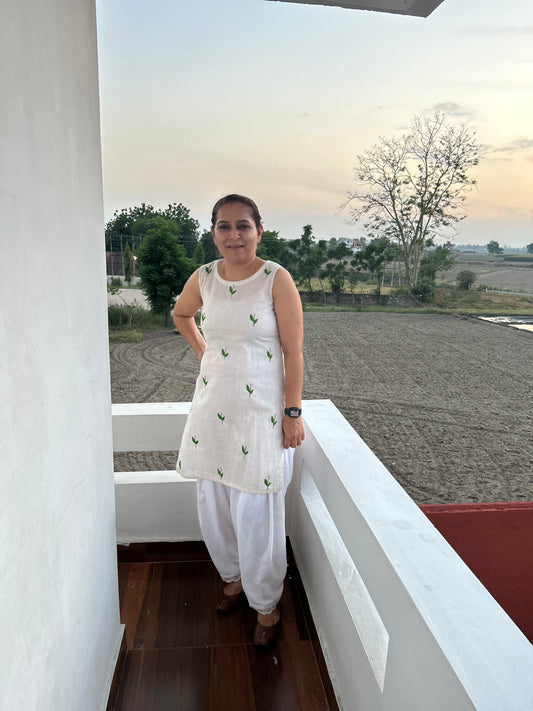 White Cotton Hand Embroidered Kurti
