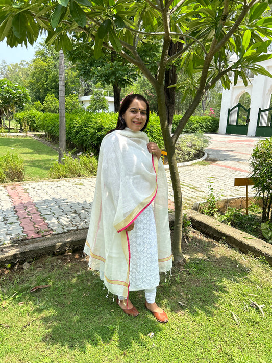 White Hand Woven Linen Dupatta