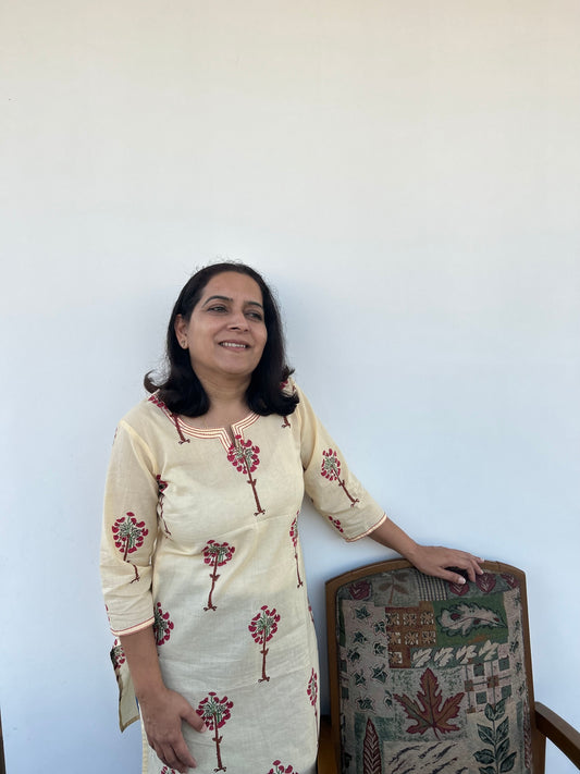 Cream Cotton Block Printed Kurti
