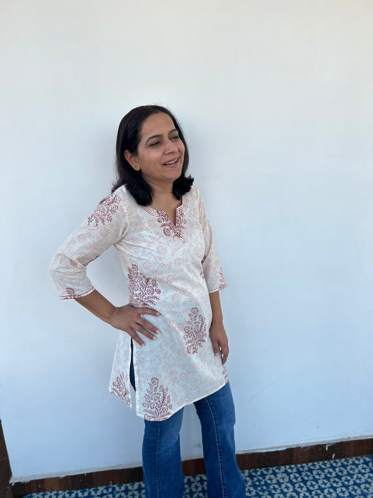 White Cotton Block Printed Kurti
