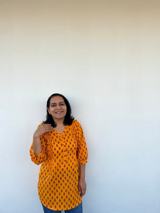 Orange Cotton Block Printed Kurti