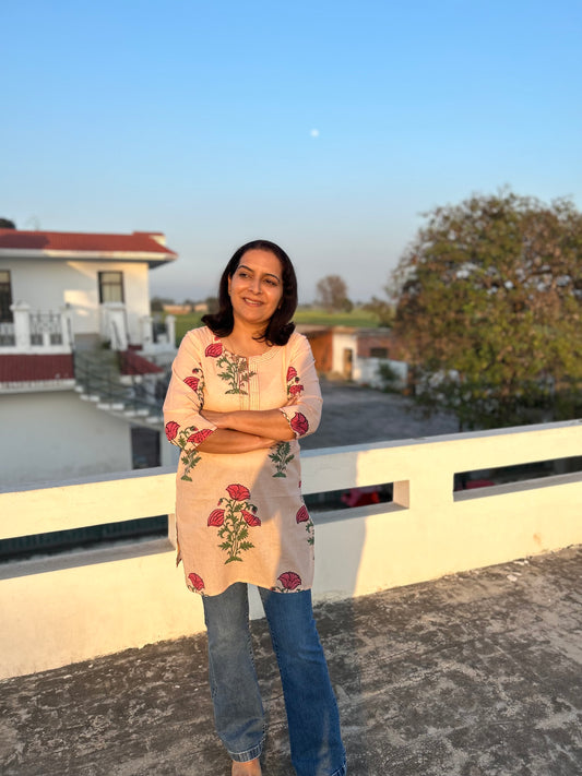 Peach Cotton Block Printed Kurti