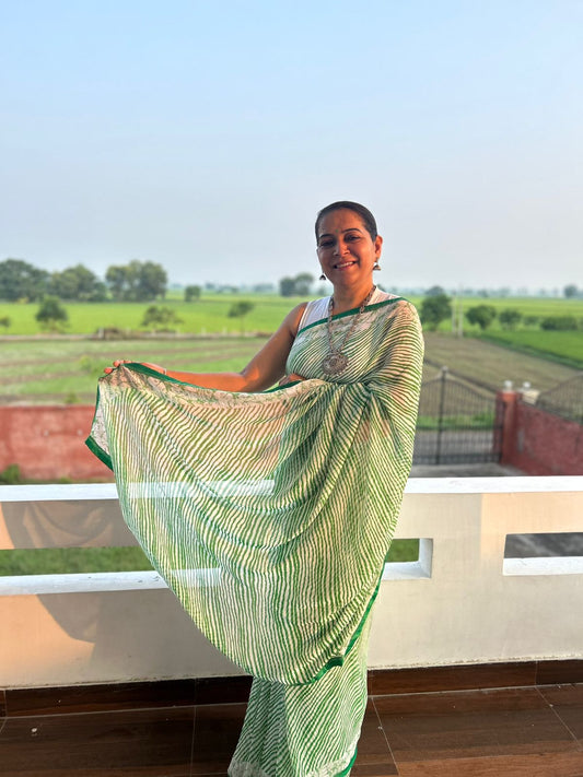Green Lehriya Georgette Sari